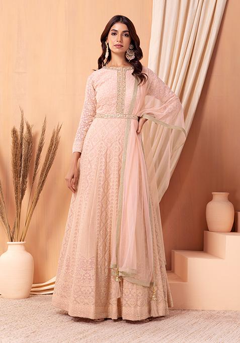 Blush Pink Thread Embroidered Anarkali Gown With Dupatta And Belt