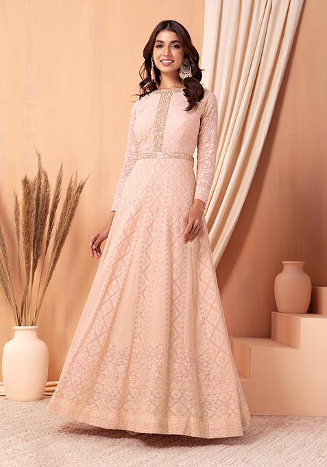 Pink American Silk Embroidered Anarkali Gown Set With Dupatta & Pant