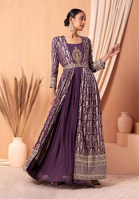 Purple Mughal Zari Embroidered Jacket Set With Anarkali Kurta And Belt