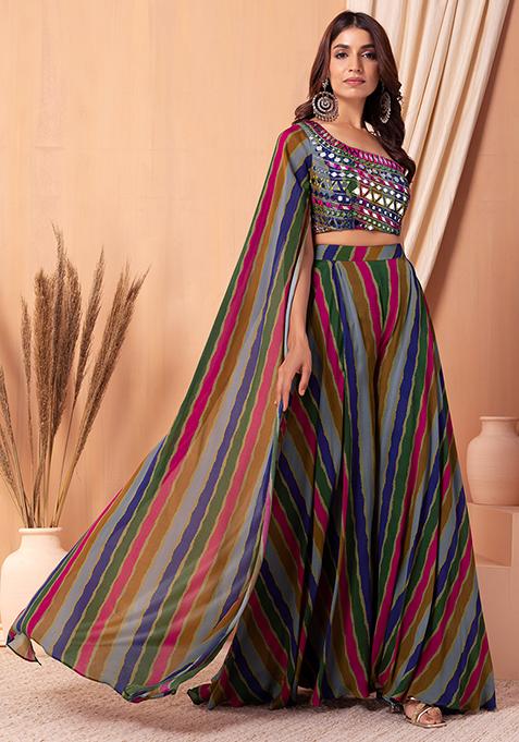 Multicolour Striped Sharara Set With One Shoulder Blouse