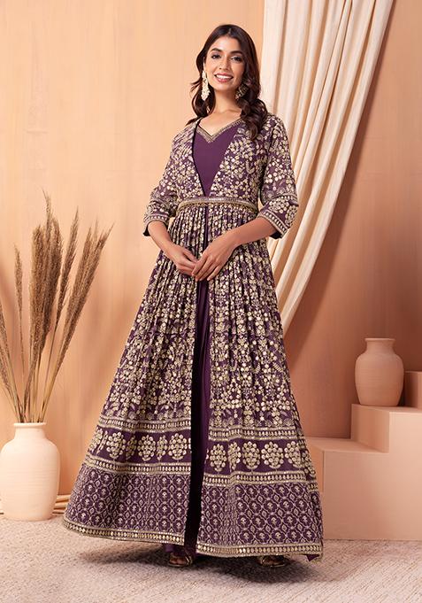 Purple Zari Sequin Embroidered Jacket Set With Anarkali Kurta And Belt