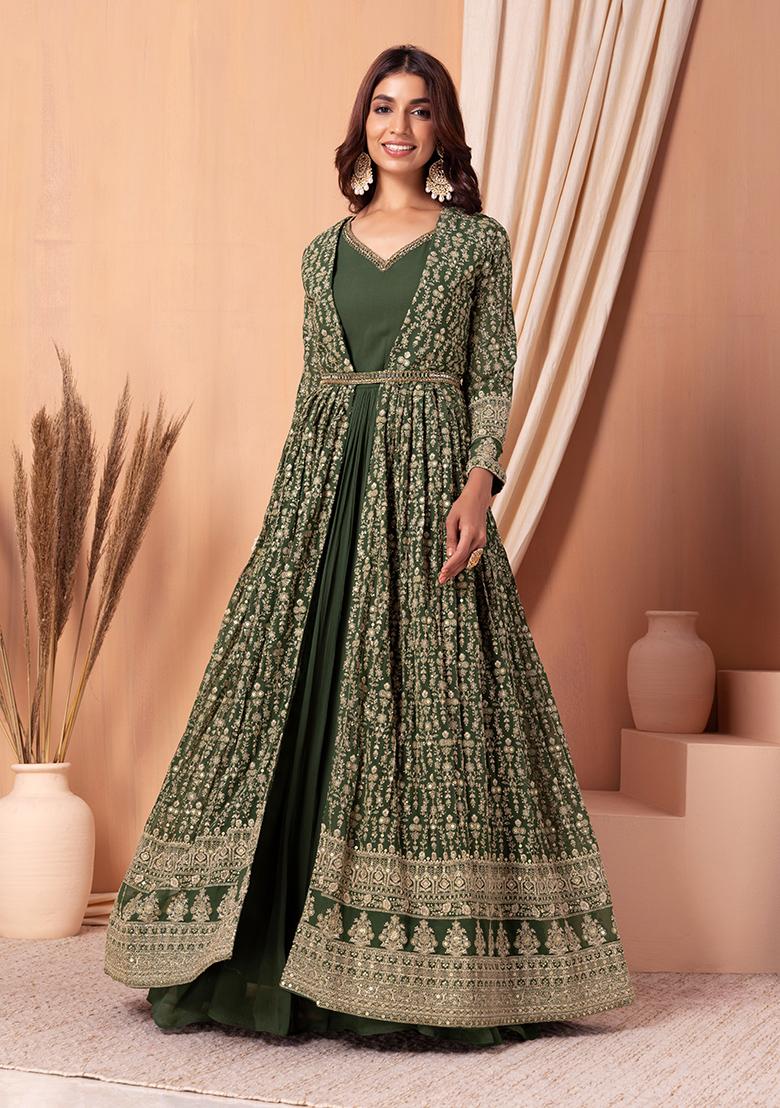 Women Pure Cotton Floral Print Ankle Length Anarkali Kurta with Jacket Dress  - Doriyaan - 4132402