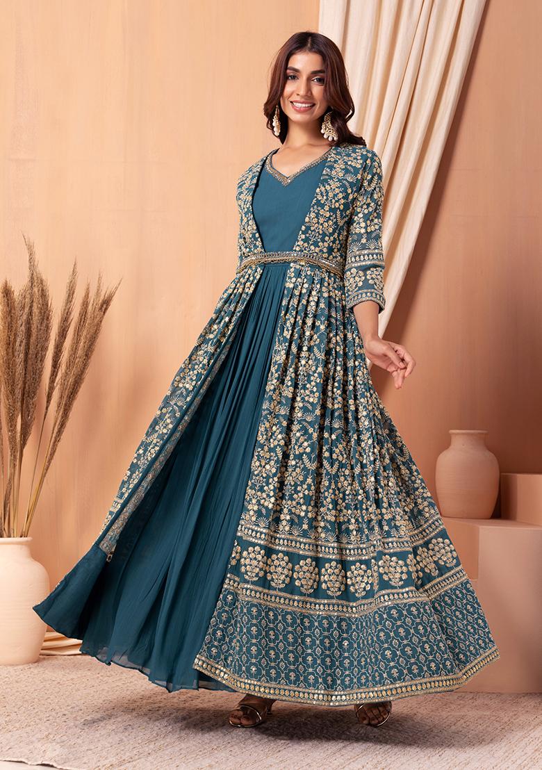 Buy Indya Luxe Sage Blue and Silver Sequin Embroidered Anarkali Kurta with  Dupatta (Set of 2) online