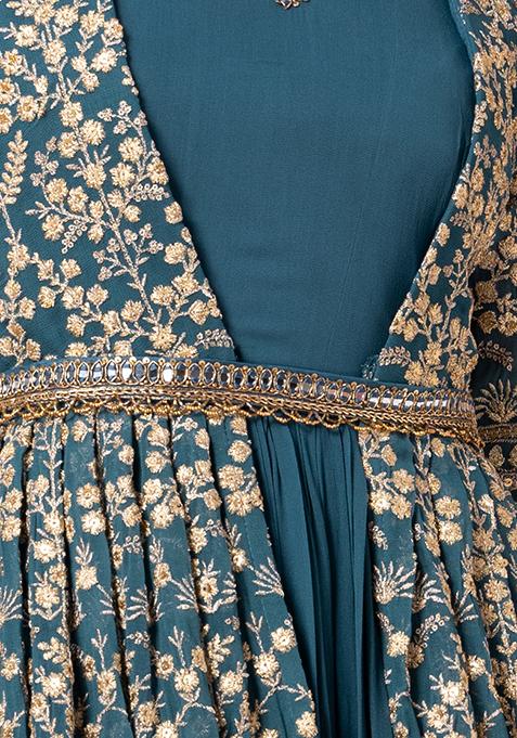 Zari Beads & Sequin Embellished Jacket Kurta Pant Set with Embroidery Dupatta