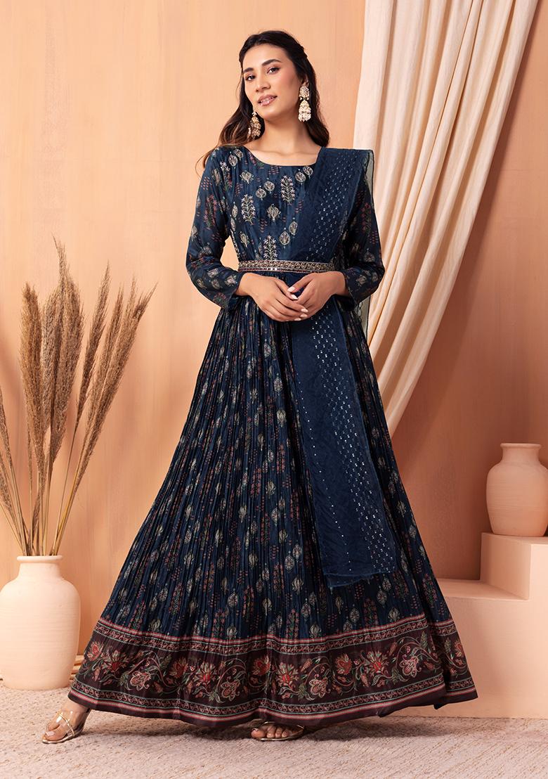 Navy Blue Stone Thread Embroidered Georgette Party Wear Anar