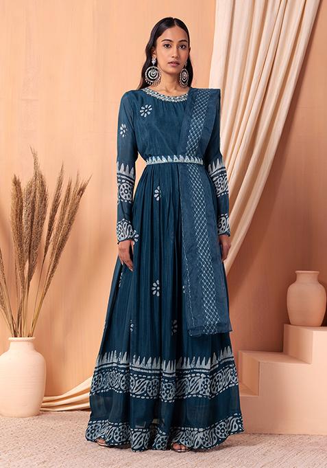 Teal Blue Batik Print Anarkali Gown With Dupatta And Belt