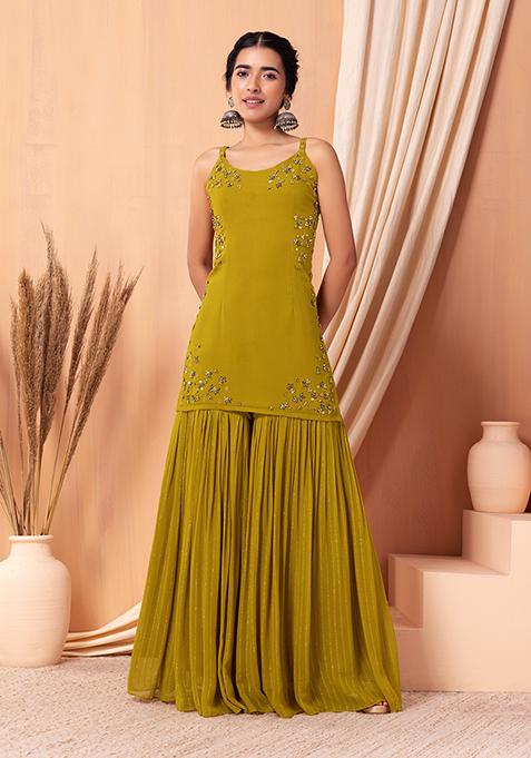 Babyhug Three Fourth Sleeves Embroidered Kurti Sharara and Dupatta Set - Mustard