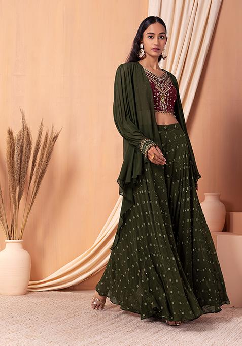 Fern Green Jacket Set With Contrast Blouse And Lehenga