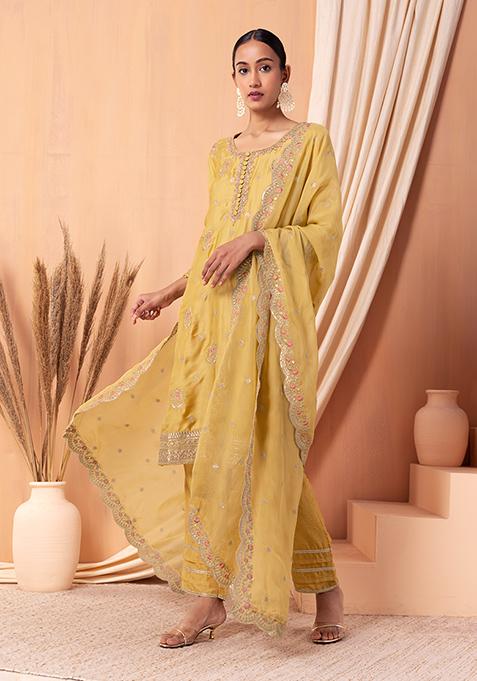 Pale Yellow Floral Boota Embroidered Kurta Set With Pants And Dupatta