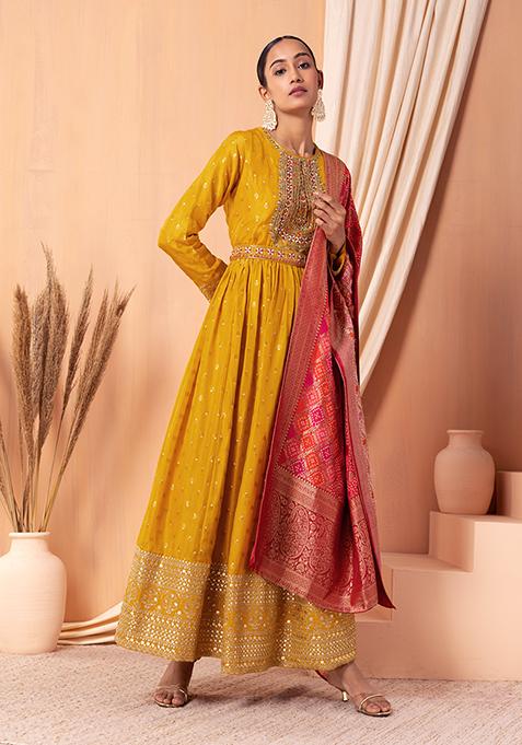 Mustard Embroidered Anarkali Suit Set With Churidar And Dupatta