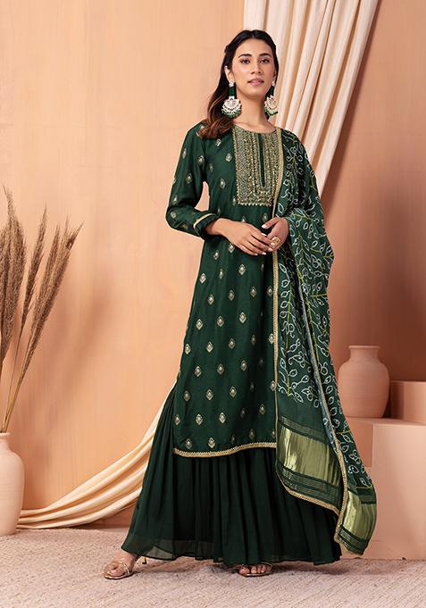 Dark Green Gharara Set With Floral Embroidered Kurta And Dupatta