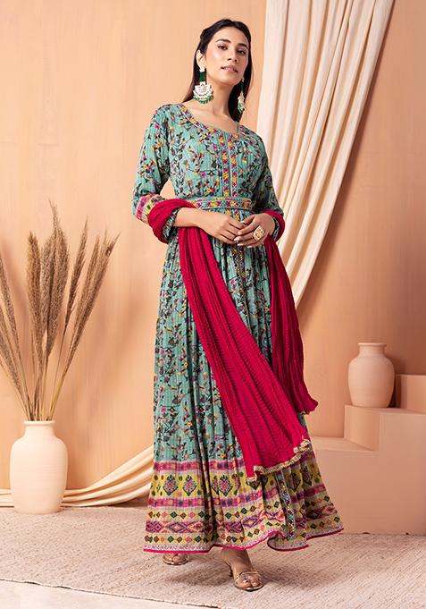 Sage Green Multicolour Floral Print Anarkali Suit Set With Pants And Contrast Dupatta