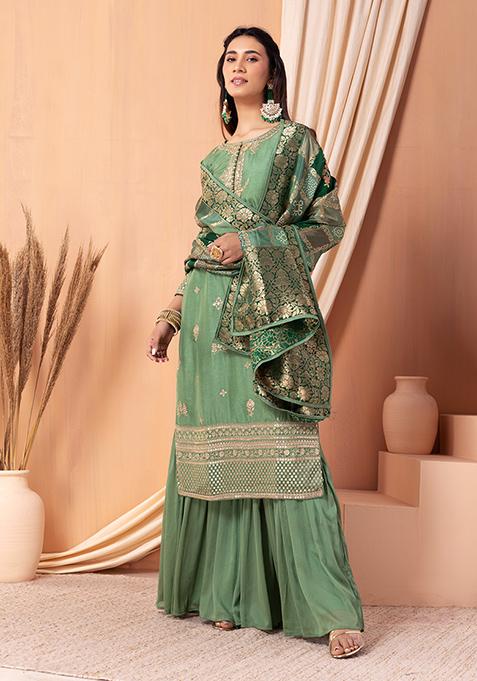 Pista Green Gharara Set With Zari Embroidered Kurta And Dupatta