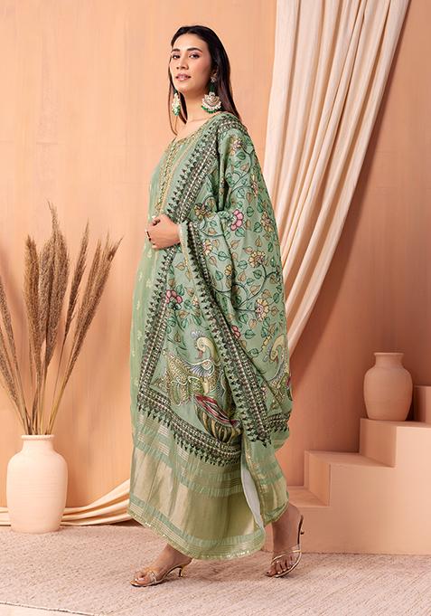 Sage Green Floral Boota Embroidered Kurta Set With Pants And Dupatta