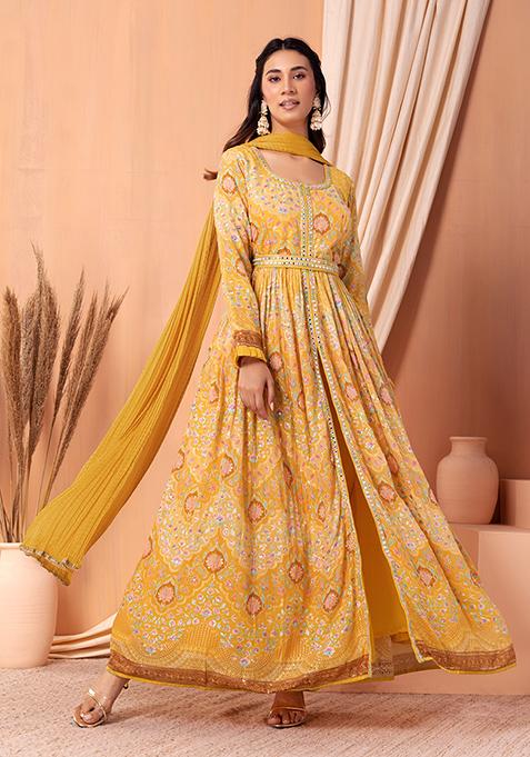 Light Yellow Multicolour Floral Embroidered Anarkali And Pants Set With Dupatta And Belt