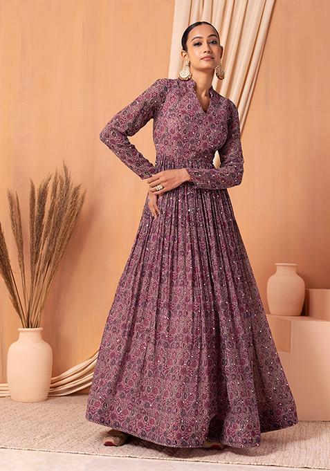 Dull Pink Abstract Print Mirror Embroidered Anarkali Gown With Belt