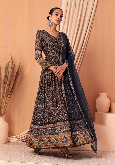 Navy Blue Abstract Print Embroidered Anarkali Gown With Dupatta