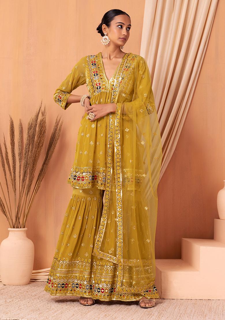 Buy Women Lime Green Floral Boota Embroidered Anarkali Suit Set With Pants  And Dupatta - Feed Luxe Anarkali - Indya