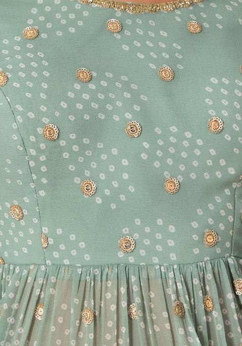 Sage Green Bandhani Print Gown with Belt