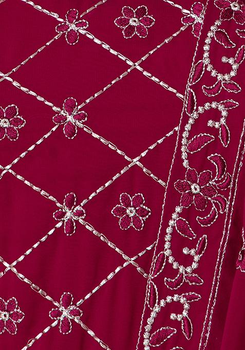 Women Mauve Pink Floral Embroidered Thread Work Net Kurti with Sharara & Dupatta