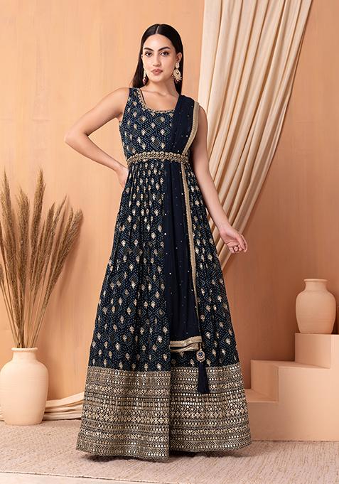 Navy Blue Bandhani Print Embroidered Anarkali Suit Set With Dupatta And Belt