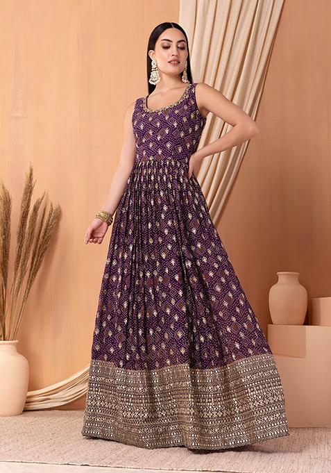 Deep Wine Bandhani Print Anarkali Set with Mirror Work