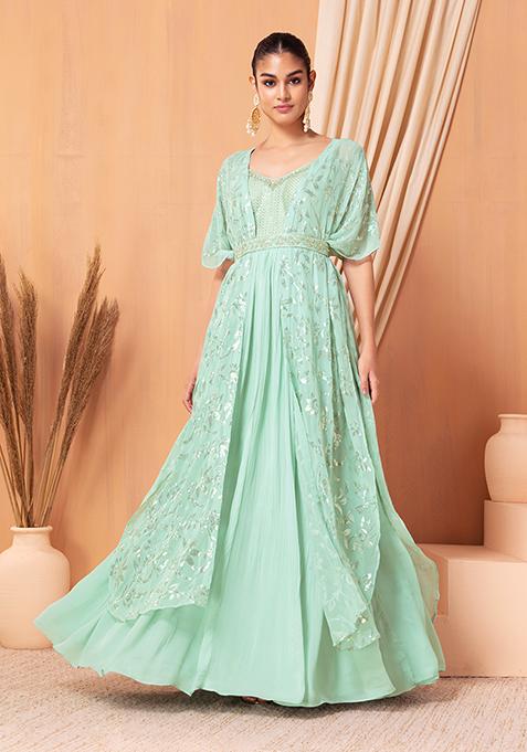 Seafoam Zari Embroidered Jacket Set With Kurta And Belt