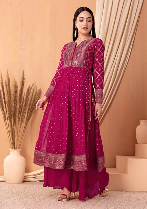 Velvet Pink Kurti Embroidered Neck Patch Sharara With Dupatta Women Indo Western Women Co-Ord Set