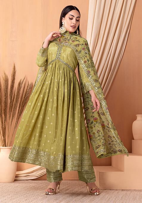 Lime Green Floral Boota Embroidered Anarkali Suit Set With Pants And Dupatta