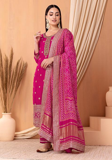 Dark Pink Zari Hand Embroidered Kurta Set With Pants And Dupatta