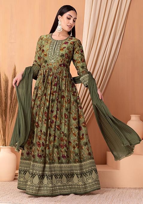 Lime Green Floral Print Anarkali Suit Set With Churidar And Dupatta