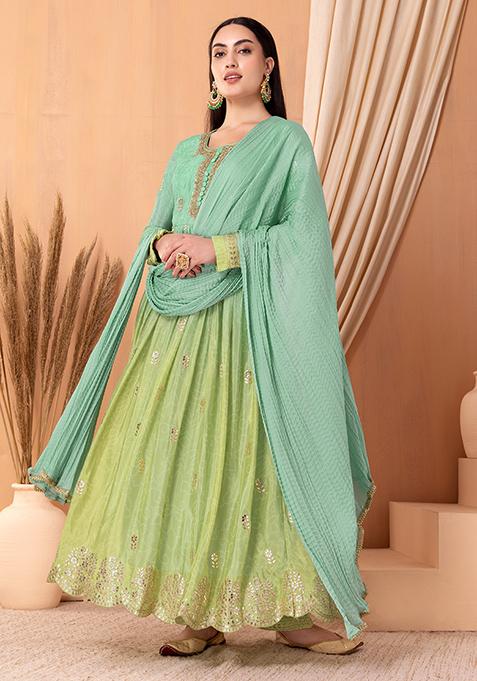 Seafoam Ombre Floral Embroidered Anarkali Suit Set With Pants And Dupatta