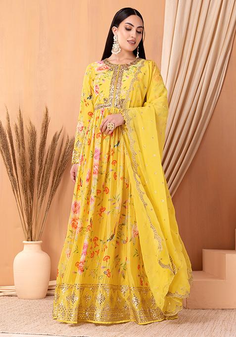 Yellow Floral Print Embroidered Anarkali Suit Set With Churidar And Dupatta