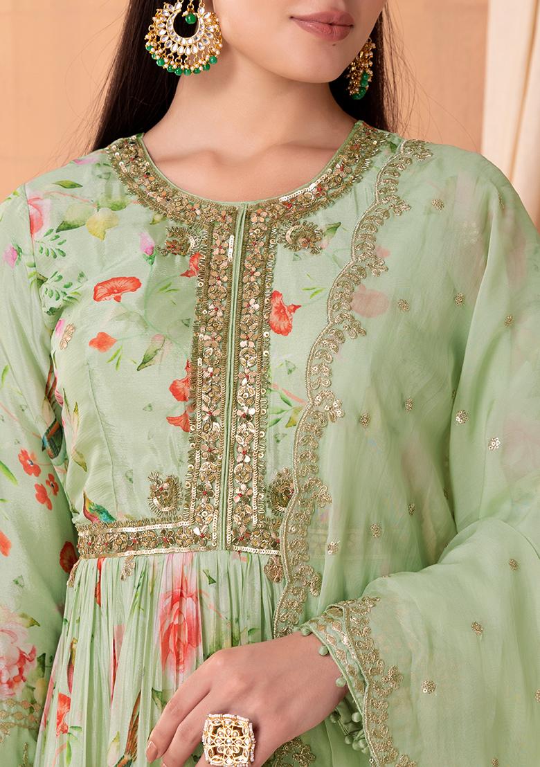 Buy Women Mint Green Floral Print Embroidered Anarkali Suit Set