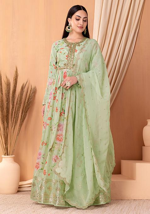 Mint Green Floral Print Embroidered Anarkali Suit Set With Churidar And Dupatta