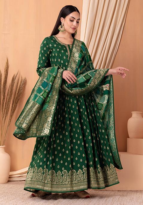 Dark Green Embroidered Anarkali Suit Set With Pants And Dupatta