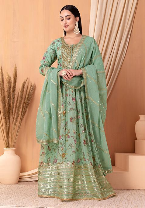 Sage Green Floral Print Embroidered Anarkali Suit Set With Churidar And Dupatta