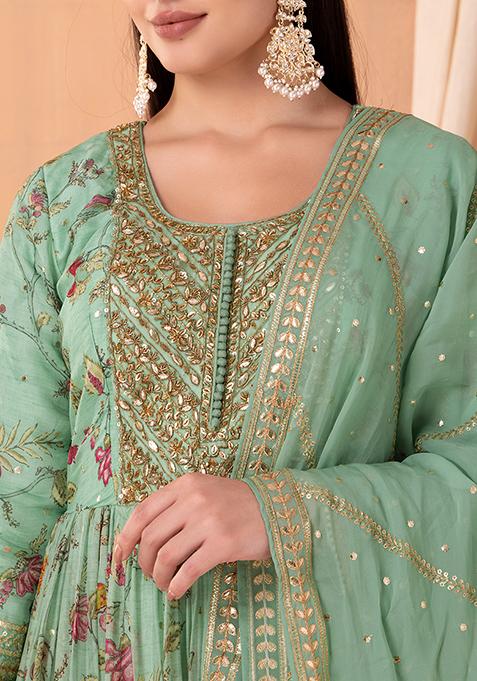 Buy Women Sage Green Floral Print Embroidered Anarkali Suit Set With ...