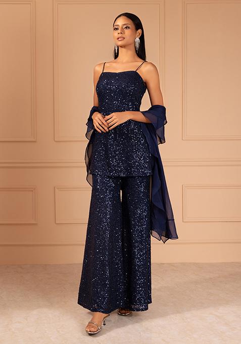 Blue Sequin Embroidered Sharara Set With Strappy Kurta And Dupatta