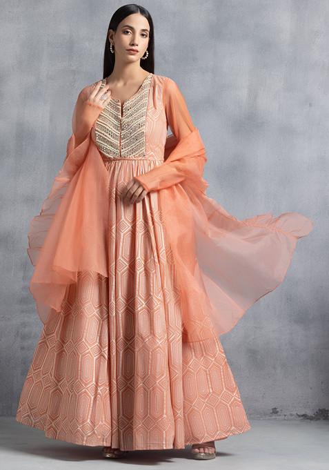Dusty Pink Foil Grid Print Anarkali Gown With Organza Dupatta