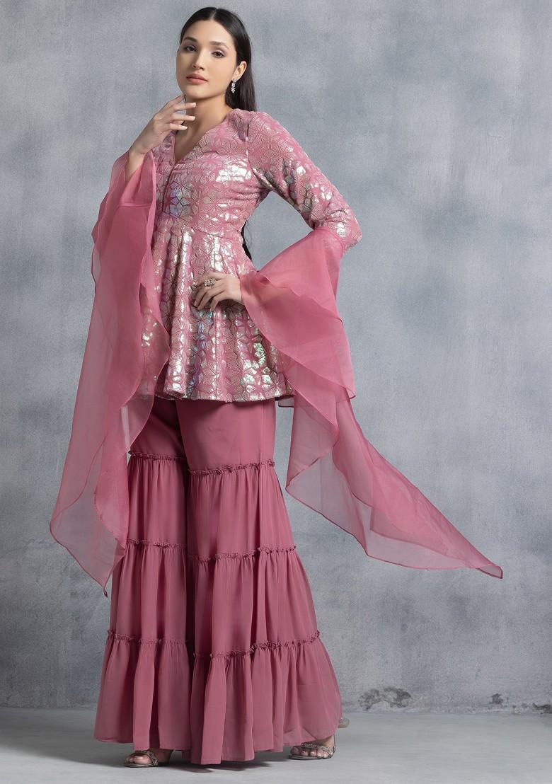 Pink Tiered Sharara Set With Unicorn Sequin Kurta And Ruffled Dupatta