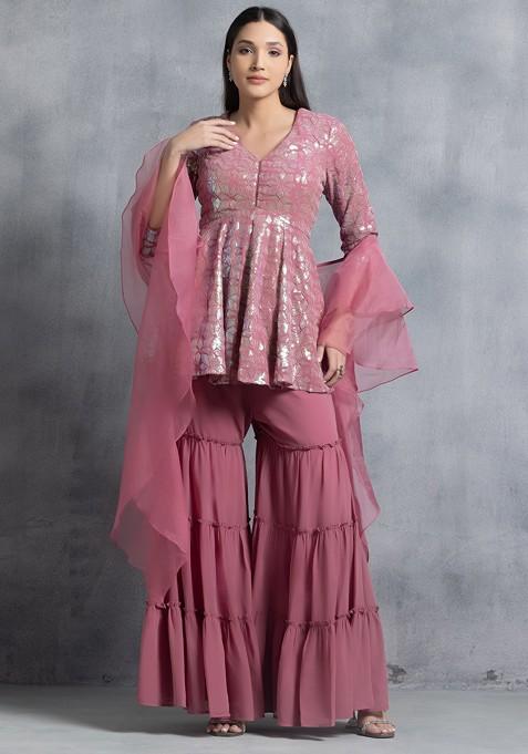 Pink Tiered Sharara Set With Unicorn Sequin Kurta And Ruffled Dupatta