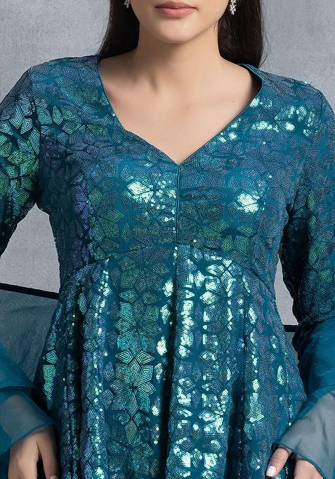 Pearl Star Supima Cotton Turquoise Kurta with Sharara Set