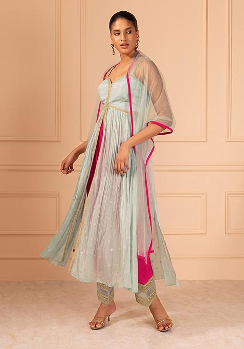 Seafoam Sequin Embroidered Kurta Set With Contrast Pants And Dupatta