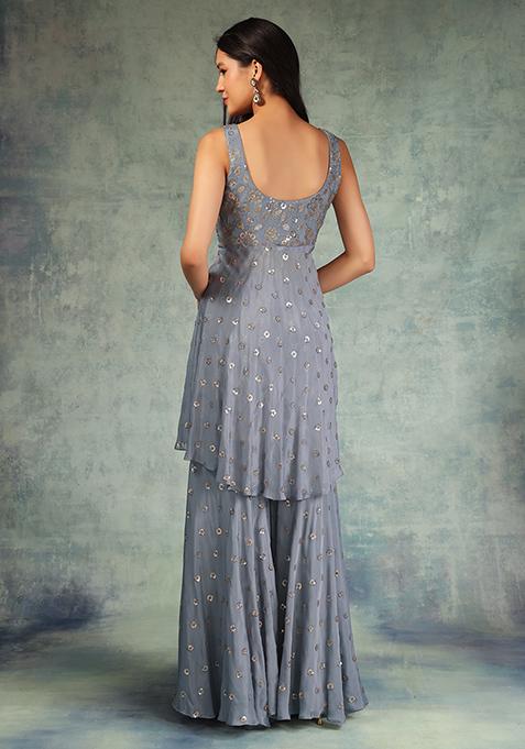 Babyhug Cotton Three Fourth Sleeves Kurta Sharara Set with Dupatta Floral Printed - Blue