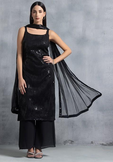 Black Tonal Sequin Embroidered Kurta Set With Pants And Dupatta