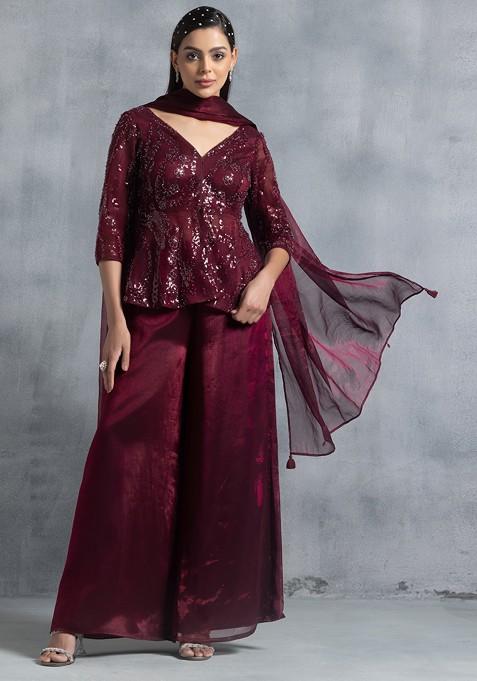 Maroon Sharara Set With Sequin Embroidered Peplum Kurta And Dupatta
