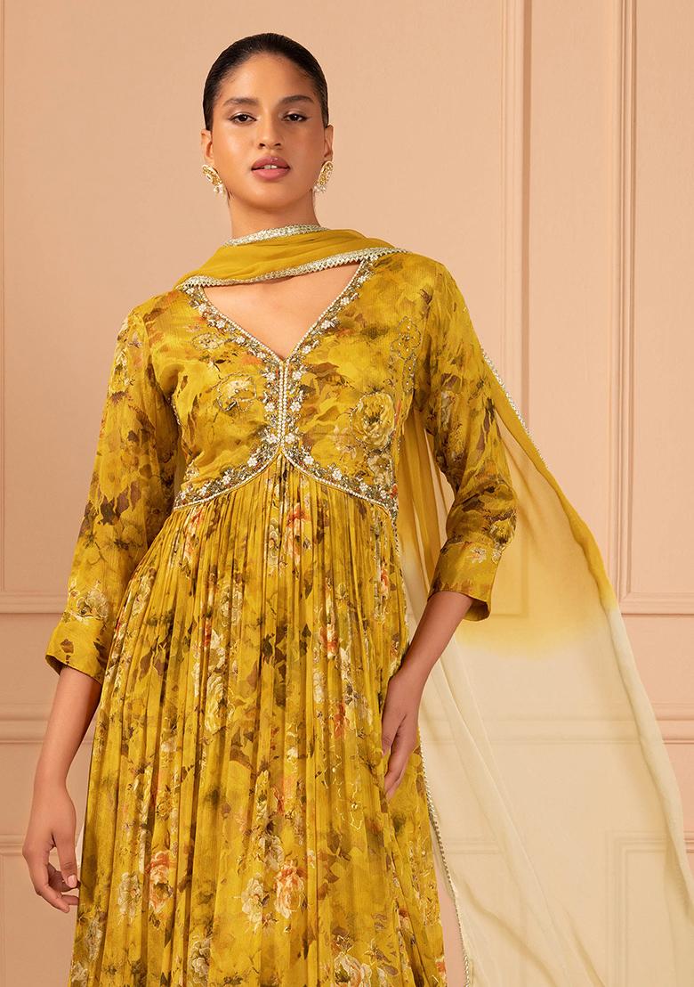 Buy Women Mustard Yellow Floral Print Embroidered Anarkali Gown With ...