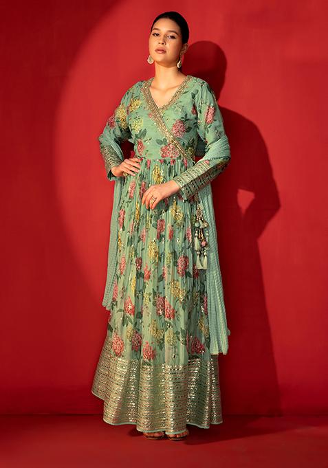 Sage Green Floral Print Anarkali Suit Set With Churidar And Dupatta