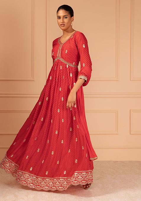 Red Floral Boota Embroidered Anarkali Suit Set With Churidar And Dupatta